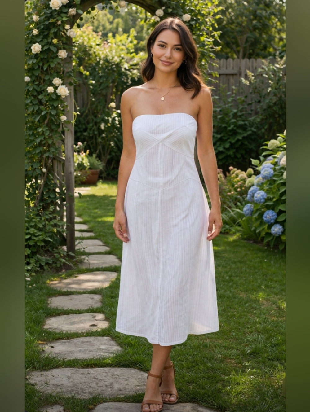 White House Black Market Strapless White Cotton Midi Dress Size 10